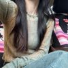 Coffee Green Vertical Striped Color-Block Long Sleeve Sweater for Women – Slim Fit Gradient Tie-Dye Korean Style Top for Early Autumn