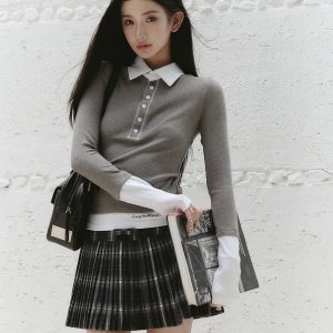 Cold Senior Sister Color-Blocked Slim Fit Fake Two-Piece Knitted Top - Trendy Layered Look for Y2K and 90s Fashion Lovers