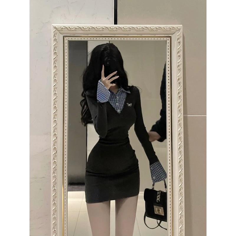 College Style Patchwork Faux Two-Piece Knitted Dress for Women - Waist-Cinching Bodycon Skirt for Spring Fashion