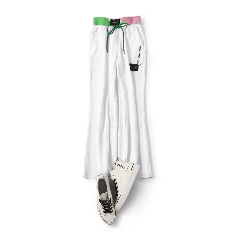 Color-Block Embroidered Letter Casual Flared Sweatpants for Women - Elastic Waist, Woven Belt, Spring Trend, Y2K Fashion