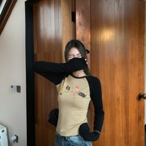 Color Block Embroidered Raglan Long Sleeve T-Shirt for Women - Little Jun Jun Britney Elf Apple Cat, Y2K Style, Unique Design