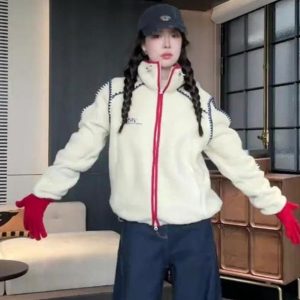 Color-Block Fleece Jacket for Women, Lamb Wool Coat, 2025 Winter Korean Style Lazy Chic Cardigan