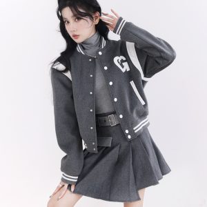 Color Block Gray American Baseball Wool Jacket - 50s American College Style, Vintage-Inspired Outerwear for a Retro Look
