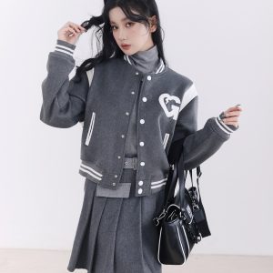 Color Block Gray American Baseball Wool Jacket - 50s American College Style, Vintage-Inspired Outerwear for a Retro Look