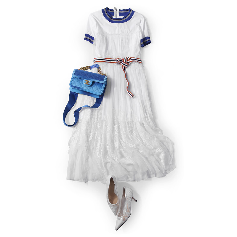 Color-Block Knitted Round Neck Pleated Mesh Lace Split Waist Belt Long Casual Dress for Summer - European Style Fashion