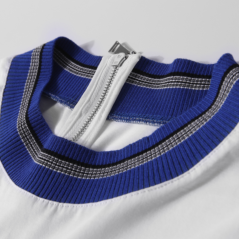 Color-Block Knitted Round Neck Pleated Mesh Lace Split Waist Belt Long Casual Dress for Summer - European Style Fashion
