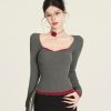 Color-Block Lace Top for Women - Sexy Slim-Fit Faux Two-Piece Long Sleeve Square Neck Short T-Shirt - Y2K Style