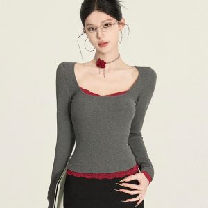 Color-Block Lace Top for Women - Sexy Slim-Fit Faux Two-Piece Long Sleeve Square Neck Short T-Shirt - Y2K Style