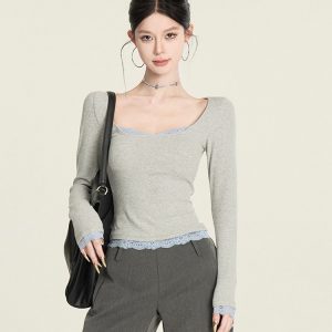 Color-Block Lace Top for Women - Sexy Slim-Fit Faux Two-Piece Long Sleeve Square Neck Short T-Shirt - Y2K Style