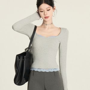 Color-Block Lace Top for Women - Sexy Slim-Fit Faux Two-Piece Long Sleeve Square Neck Short T-Shirt - Y2K Style