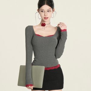 Color-Block Lace Top for Women - Sexy Slim-Fit Faux Two-Piece Long Sleeve Square Neck Short T-Shirt - Y2K Style
