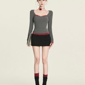 Color-Block Lace Top for Women - Sexy Slim-Fit Faux Two-Piece Long Sleeve Square Neck Short T-Shirt - Y2K Style