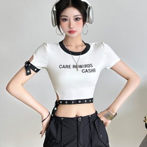 Color Block Spliced Letter Print Short Sleeve T-Shirt for Women - Eccentric Casual Style, Versatile Waist-Defined Top, Y2K Inspired