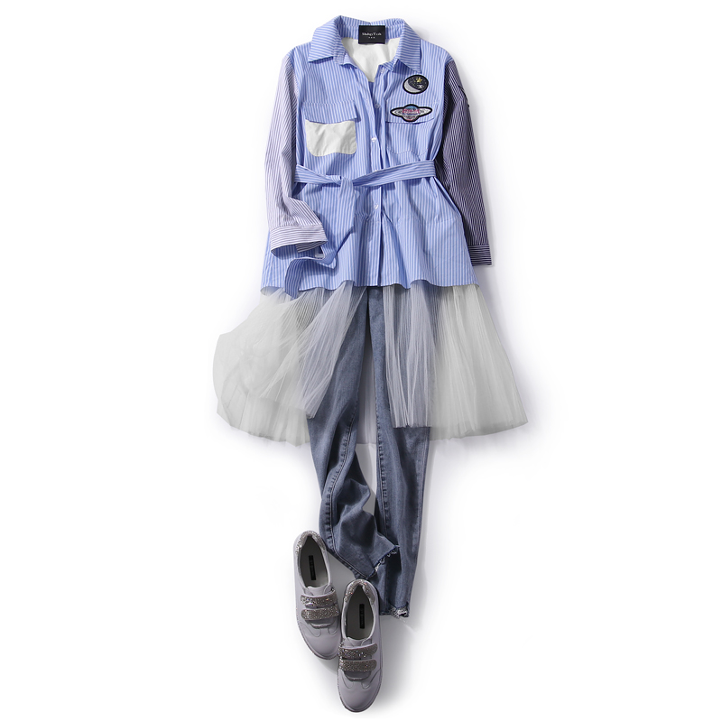 Color Block Striped Badge Splicing Mesh Waist Belt Casual Korean Style Shirt Dress for Women - Spring & Autumn Fashion