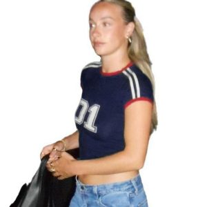 Color-Blocked Cropped T-Shirt with Striped Letters - Slim Fit Round Neck Short Sleeve American Street Casual Style