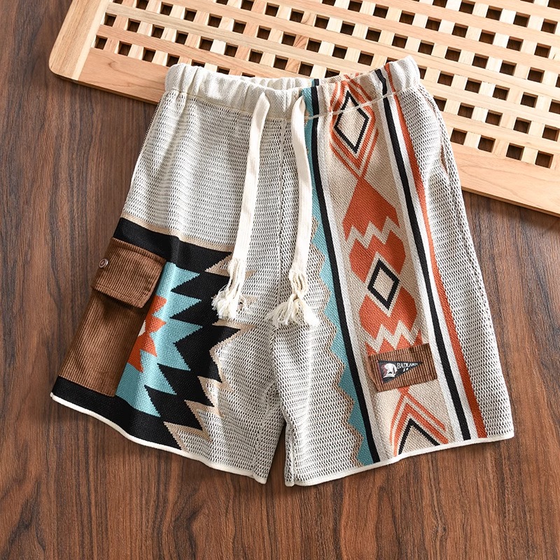 Color-Blocked Navajo Knitted Shorts for Men - Summer Retro 90s Beachwear, Four to Five-Point Length, Stylish Casual Niche Design