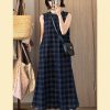 Color-Blocked Plaid Tassel Vest for Women - Summer Vintage Back-Tied Sleeveless Dress, Unique French Style Fashion