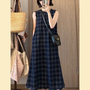 Color-Blocked Plaid Tassel Vest for Women - Summer Vintage Back-Tied Sleeveless Dress, Unique French Style Fashion