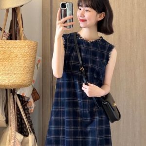 Color-Blocked Plaid Tassel Vest for Women - Summer Vintage Back-Tied Sleeveless Dress, Unique French Style Fashion
