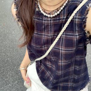 Color-Blocked Plaid Tassel Vest for Women, Vintage Summer Sleeveless Top with Back Tie, Trendy Niche Design