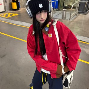 Color-Blocked Retro Work Jacket with Interchangeable Badges - 2025 Spring American Style Couple's Jacket