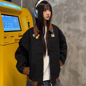 Color-Blocked Retro Work Jacket with Interchangeable Badges - 2025 Spring American Style Couple's Jacket