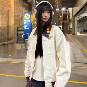 Color-Blocked Retro Work Jacket with Interchangeable Badges - 2025 Spring American Style Couple's Jacket