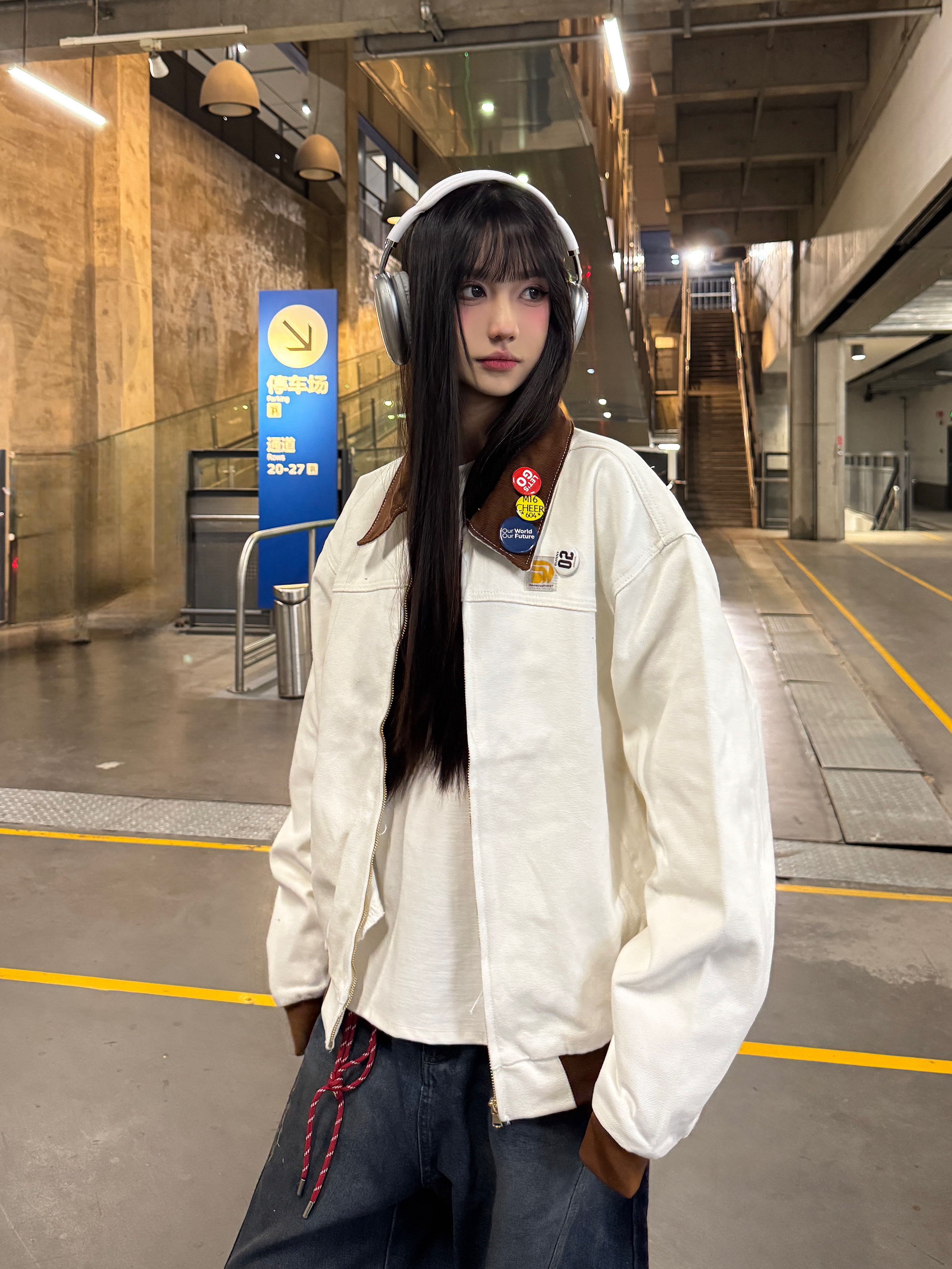 Color-Blocked Retro Work Jacket with Interchangeable Badges - 2025 Spring American Style Couple's Jacket