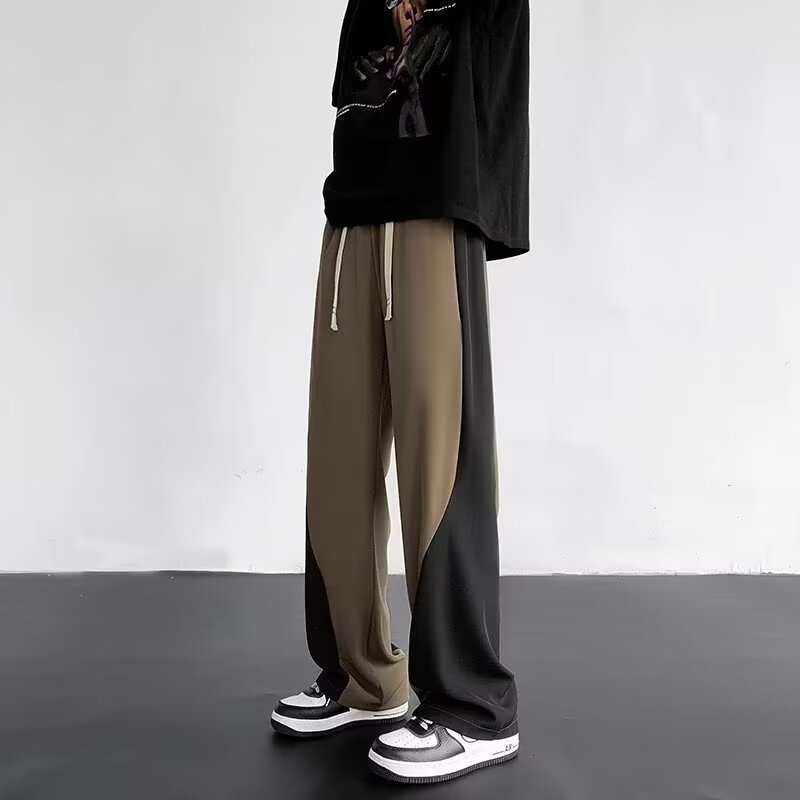 Color-Blocked Spliced Curved Knife Sweatpants for Men, Trendy American Straight-Leg Casual Pants, Loose Wide-Leg Sportswear for Spring & Autumn