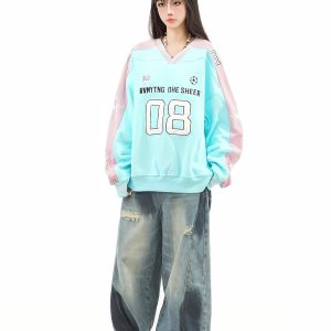 Color-Blocked Star Embroidered V-Neck Sweatshirt - American Retro Jersey Style, Heavyweight Autumn Top, Loose Fit, National Trend