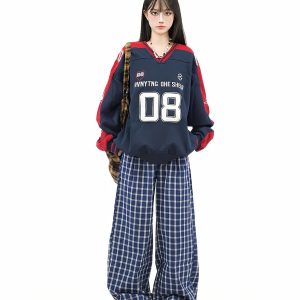 Color-Blocked Star Embroidered V-Neck Sweatshirt - American Retro Jersey Style, Heavyweight Autumn Top, Loose Fit, National Trend