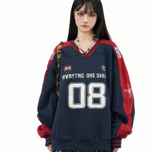 Color-Blocked Star Embroidered V-Neck Sweatshirt - American Retro Jersey Style, Heavyweight Autumn Top, Loose Fit, National Trend