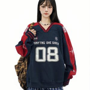 Color-Blocked Star Embroidered V-Neck Sweatshirt - American Retro Jersey Style, Heavyweight Autumn Top, Loose Fit, National Trend