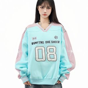 Color-Blocked Star Embroidered V-Neck Sweatshirt - American Retro Jersey Style, Heavyweight Autumn Top, Loose Fit, National Trend
