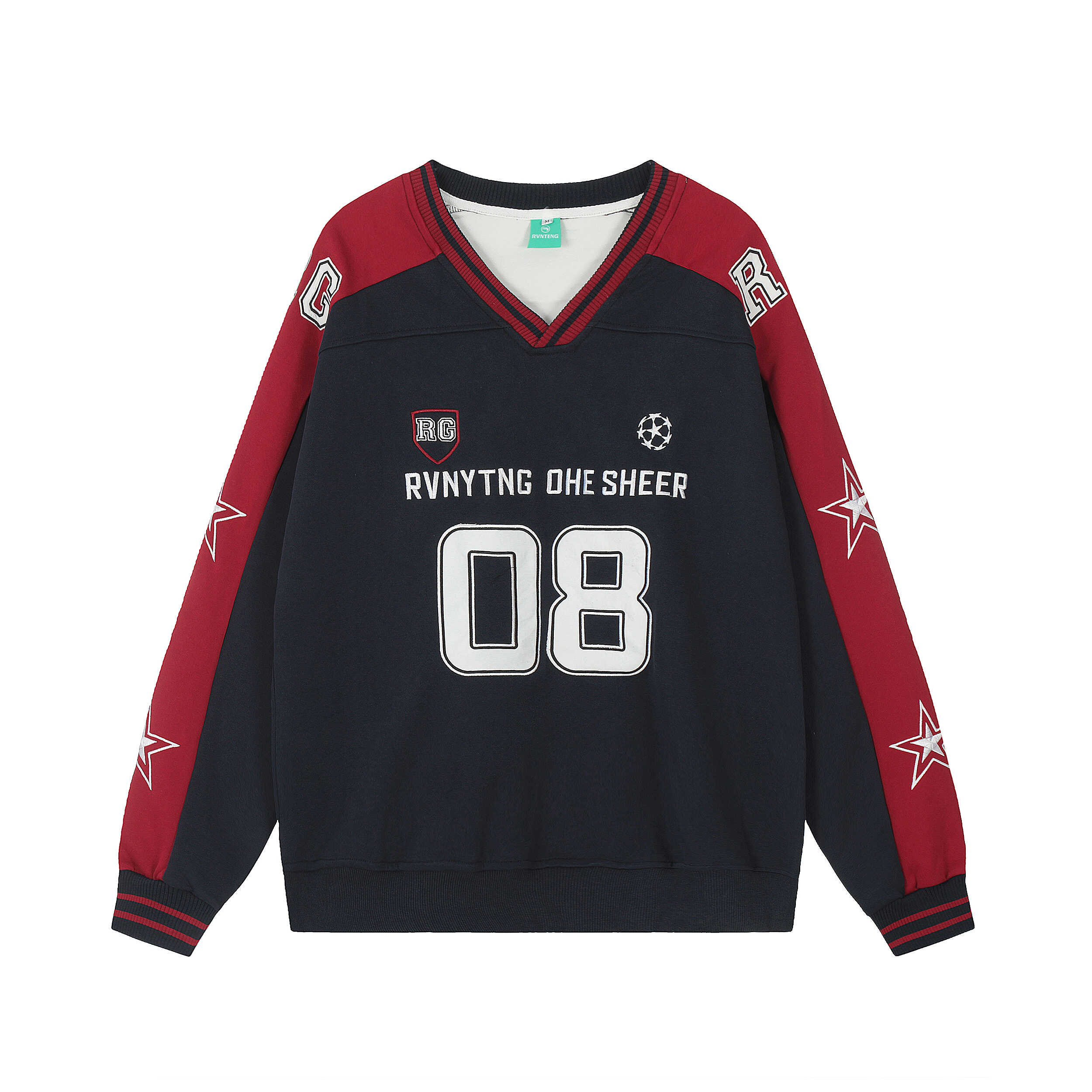 Color-Blocked Star Embroidered V-Neck Sweatshirt - American Retro Jersey Style, Heavyweight Autumn Top, Loose Fit, National Trend