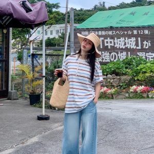 Color-Blocked Striped Casual Short-Sleeve T-Shirt - Handmade Korean Style, Chic 90s Fashion, Perfect for Everyday Wear