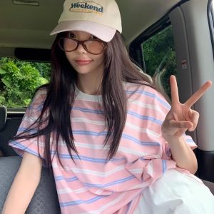 Color-Blocked Striped Casual Short-Sleeve T-Shirt - Handmade Korean Style, Chic 90s Fashion, Perfect for Everyday Wear