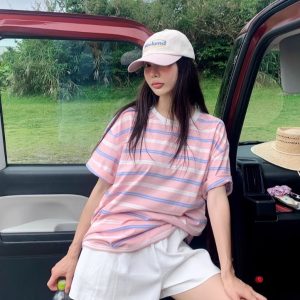 Color-Blocked Striped Casual Short-Sleeve T-Shirt - Handmade Korean Style, Chic 90s Fashion, Perfect for Everyday Wear