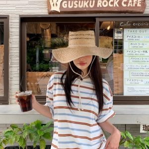 Color-Blocked Striped Casual Short-Sleeve T-Shirt - Handmade Korean Style, Chic 90s Fashion, Perfect for Everyday Wear