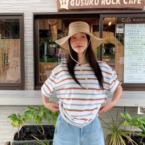 Color-Blocked Striped Casual Short-Sleeve T-Shirt - Handmade Korean Style, Chic 90s Fashion, Perfect for Everyday Wear