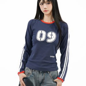 Color-Blocked Striped Short Crop Long Sleeve T-Shirt for Women - Retro American Style Sporty Streetwear Top for Early Autumn