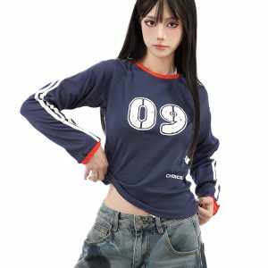 Color-Blocked Striped Short Crop Long Sleeve T-Shirt for Women - Retro American Style Sporty Streetwear Top for Early Autumn