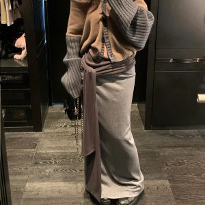 Color-blocked Tencel Wool One-shoulder Cardigan Sweater and Knitted Skirt Set - Trendy Y2K Style Fashion Ensemble