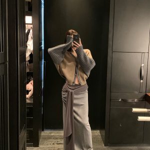 Color-blocked Tencel Wool One-shoulder Cardigan Sweater and Knitted Skirt Set - Trendy Y2K Style Fashion Ensemble