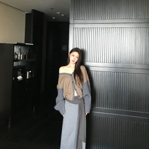 Color-blocked Tencel Wool One-shoulder Cardigan Sweater and Knitted Skirt Set - Trendy Y2K Style Fashion Ensemble
