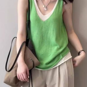 Color-Blocking Faux Two-Piece Vest for Women - V-Neck Sleeveless Fitted Summer Top, Trendy 2025 Fashion