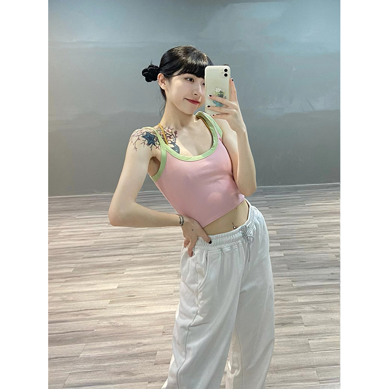 Color-Blocking Jazz Dance Crop Top - Versatile High-Waisted Camisole in European and American Style