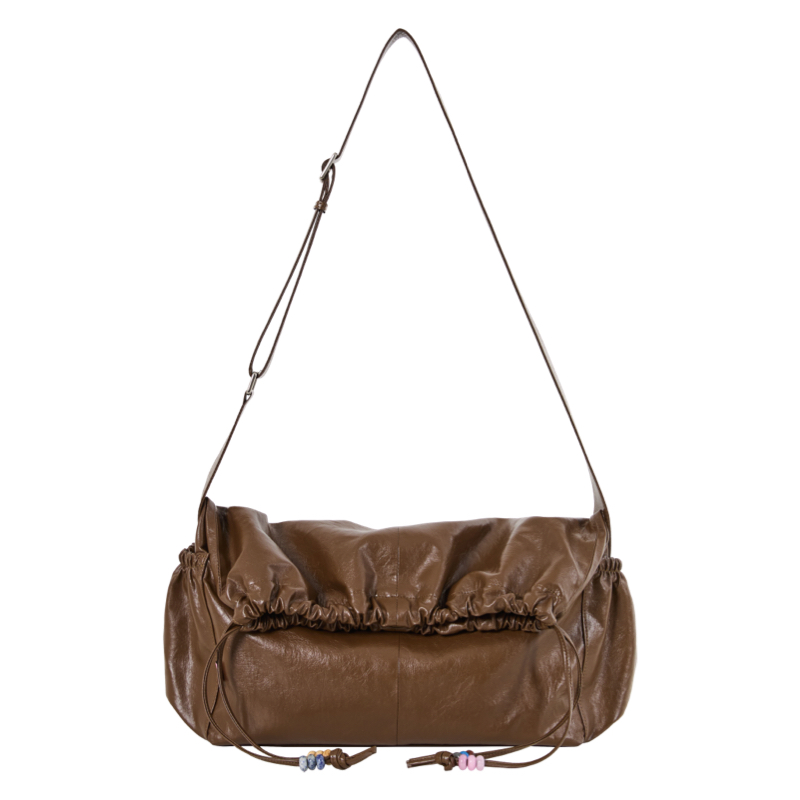 Color-Blocking Natural Stone Drawstring Crossbody Bag - Soft Lazy Stacked Design for Casual Style