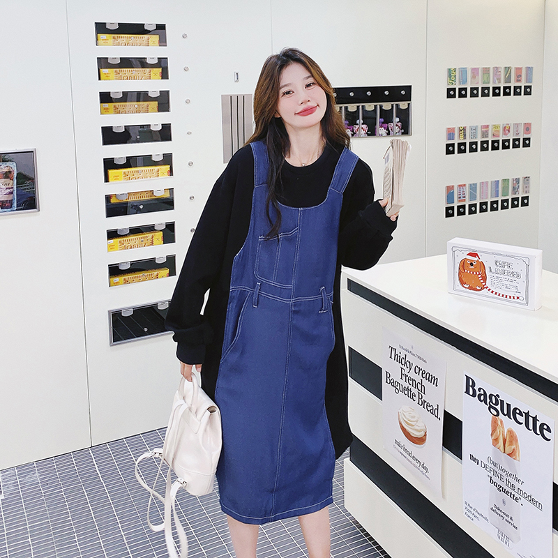 Color-Blocking Spliced Faux Two-Piece Denim Dress for Women - Casual Loose Fit, Spring Autumn 2024 Fashion