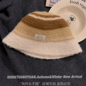 Color-Contrast Plush Knitted Bucket Beanie Hat for Women - Y2K Fisherman Style for Autumn/Winter 2024
